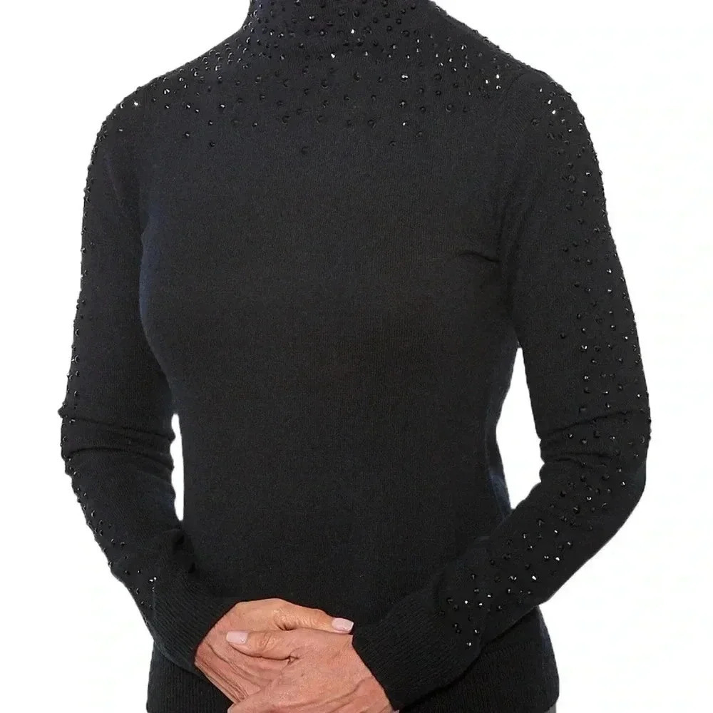 Kinross Cashmere Sweater‎ Women Sz S Black Beaded Mock Neck Cozy Timeless Modern